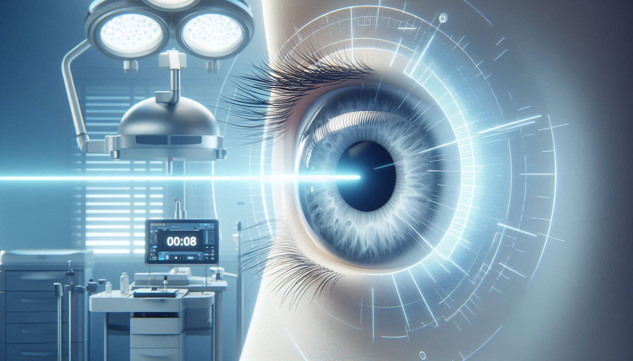 Лазерная коррекция зрения за 8 секунд: луч лазера воздействует на роговицу глаза на фоне современного оборудования Carl Zeiss