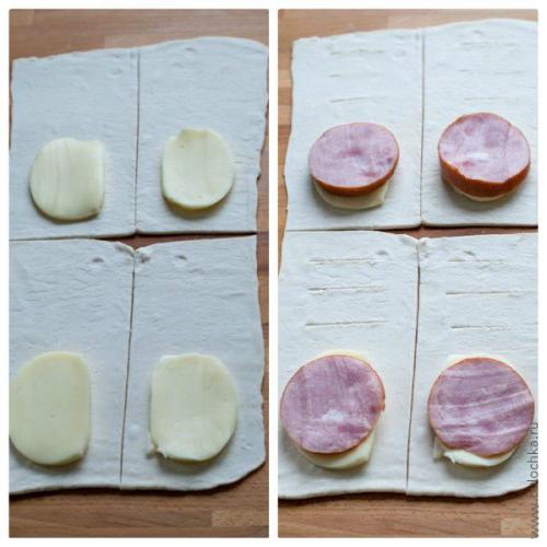 Булочки с сыром и ветчиной из слоеного теста рецепт.