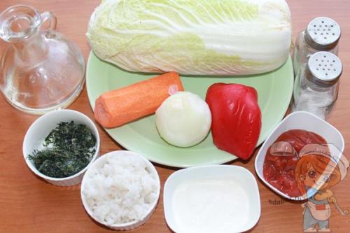 Ленивые голубцы из пекинской капусты с рисово-овощным фаршем без мяса