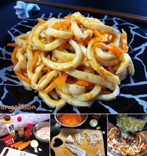 Кальмар по-корейски.

Это блюдо довольно простое и не требует каких то специальных корейских приправ, поэтому я с удовольствием делюсь им с вами.
