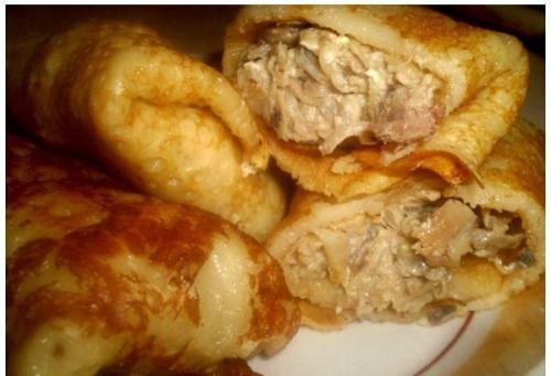 Блины с куриной грудкой и шампиньонами. Блины с куриной грудкой и шампиньонами.