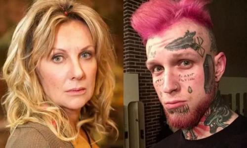 Единственный сын актрисы Елены Яковлевой 27-летний весть в татуировках, даже на лице. 02