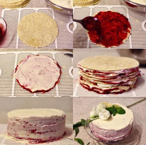 Торт Наполеон с малиной.