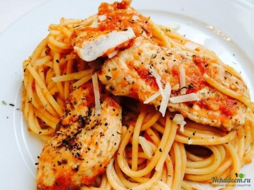 Спагетти с курицей в томатном соусе. Спагетти с курицей в томатном соусе.