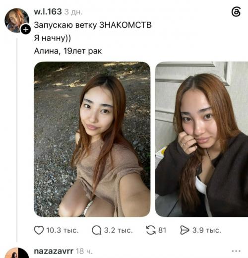 Девушка решила запустить ветку знакомств и представилась: 