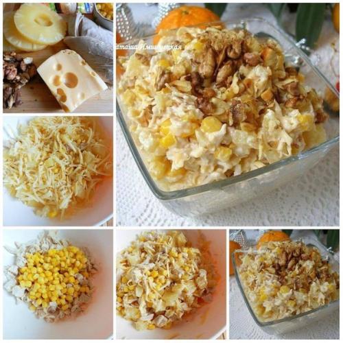 Салат с курицей и ананасом?
