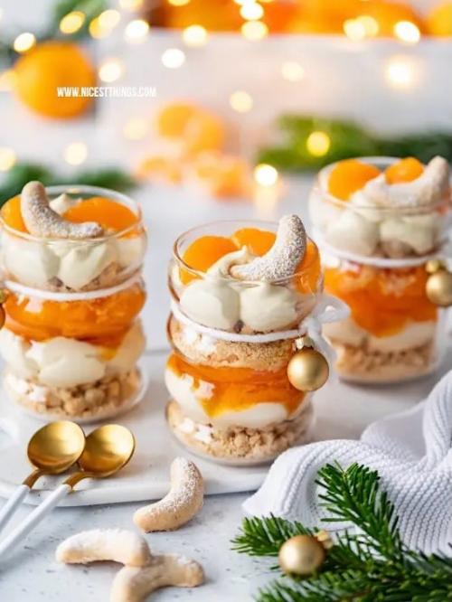 Рождественский десерт из ванильного полумесяца с мандариновым соусом и белым шоколадом.

