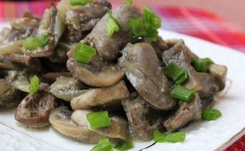 Куриные сердечки с грибами.