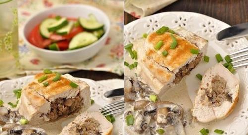 Куриные грудки фаршированные гречкой и шампиньонами.