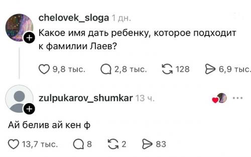 Девушка попросила пользователей помочь подобрать имя, которое идеально сочеталось бы с фамилией Лаев. 02