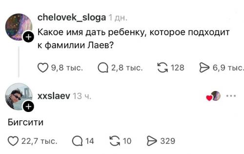 Девушка попросила пользователей помочь подобрать имя, которое идеально сочеталось бы с фамилией Лаев. 01