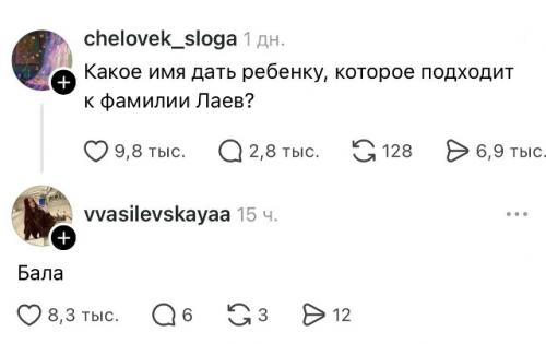 Девушка попросила пользователей помочь подобрать имя, которое идеально сочеталось бы с фамилией Лаев. 03