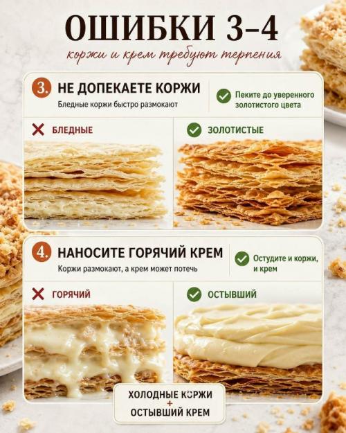 Почему домашний Наполеон иногда получается плотным, мокрым или разваливается при нарезке? 02