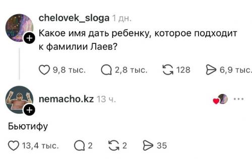 Девушка попросила пользователей помочь подобрать имя, которое идеально сочеталось бы с фамилией Лаев. 04