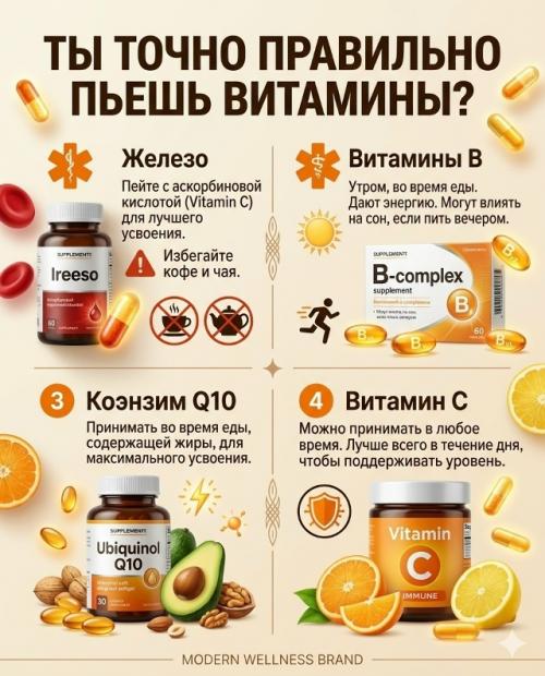 Ты можешь принимать витамины каждый день, но не получать от них максимум пользы - все из за неправильных сочетаний и времени приема. 05