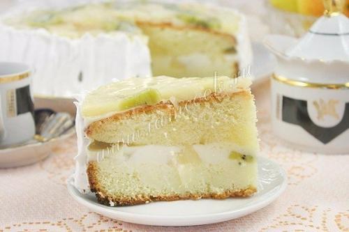 Торт бисквитный с фруктами, желе и йогуртом.