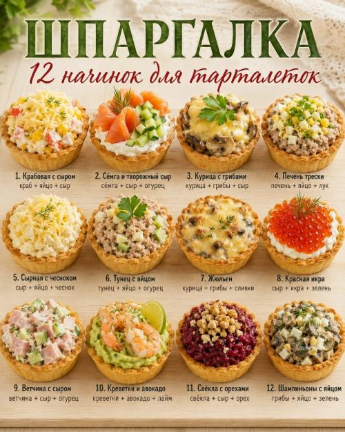 12 начинок для тарталеток, которые выручат и на праздник, и на семейный стол.

